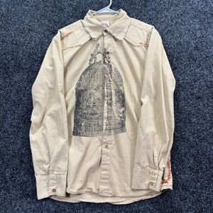 Division E Mens Tan Graphic Button Down Shirt Buddhist Bell Cotton Medium